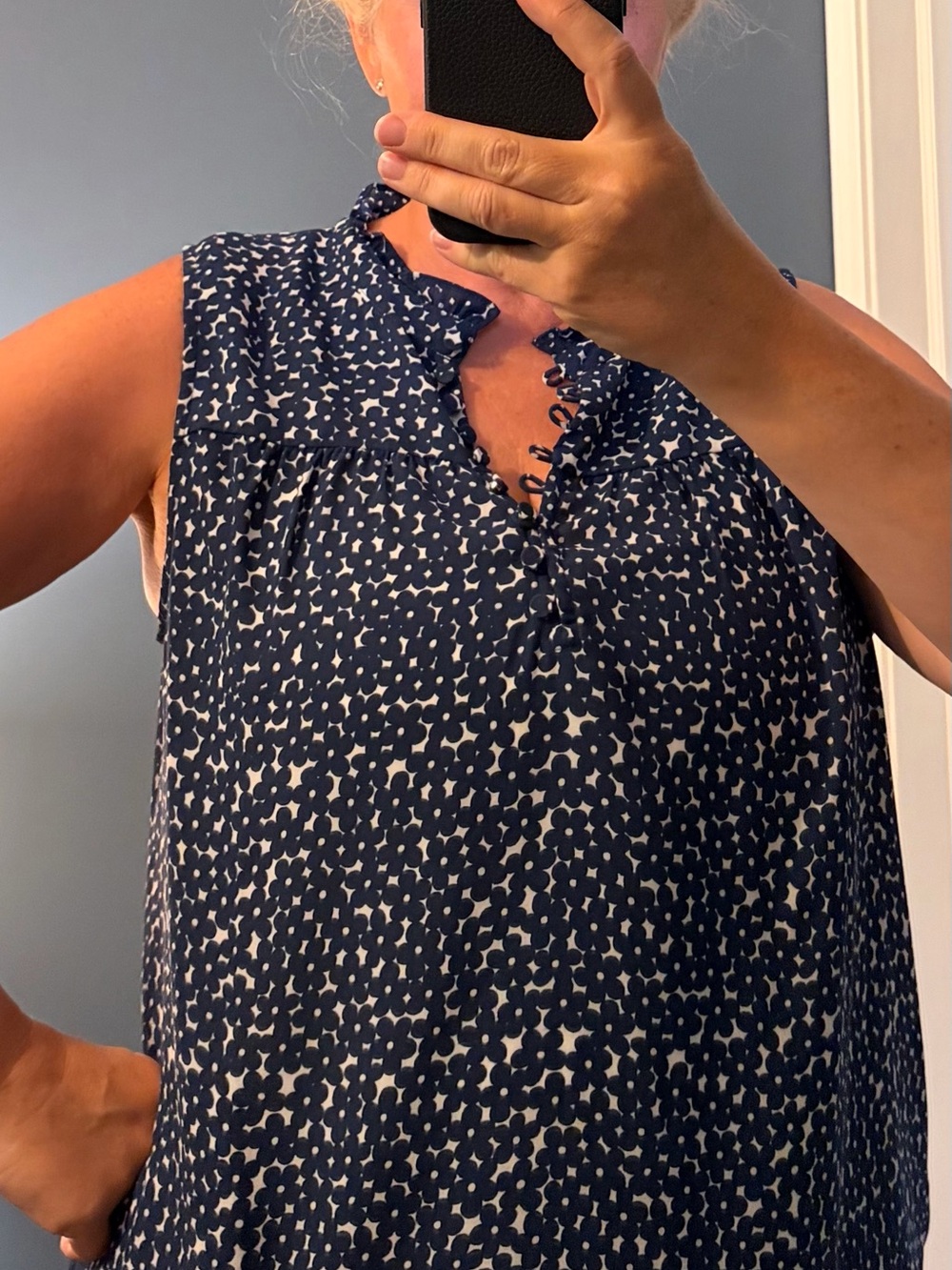 J. Crew Navy and White Sleeveless Ruffle V-Neck Camisole